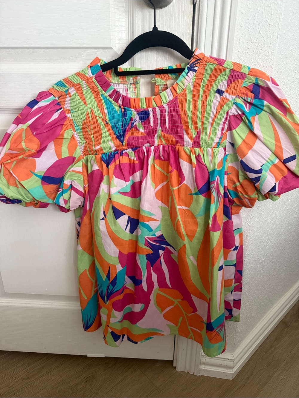 Greta Avara Multi-Color Puff-Sleeve Smocked Top - Pink Multi